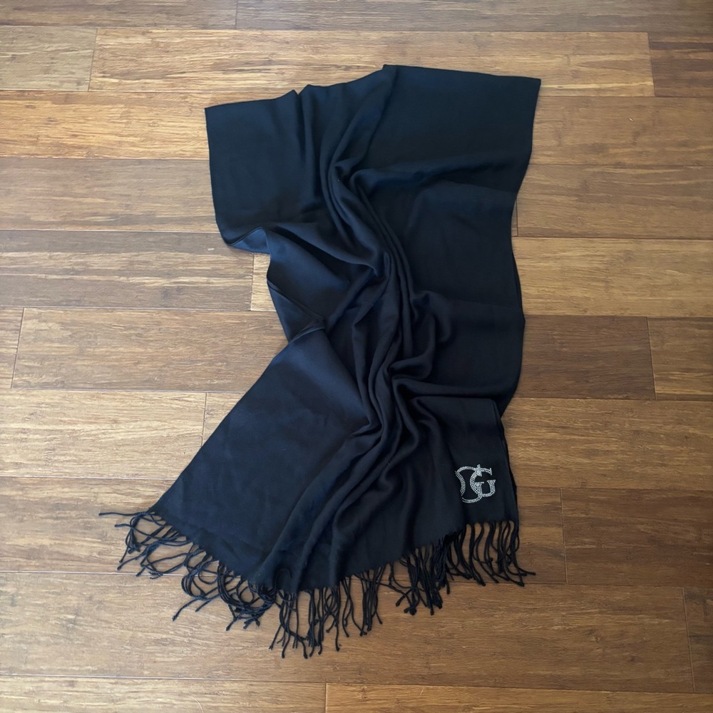 Guess Vintage Y2K Black Fringed Rhinestone Monogram Logo Large Scarf Wrap